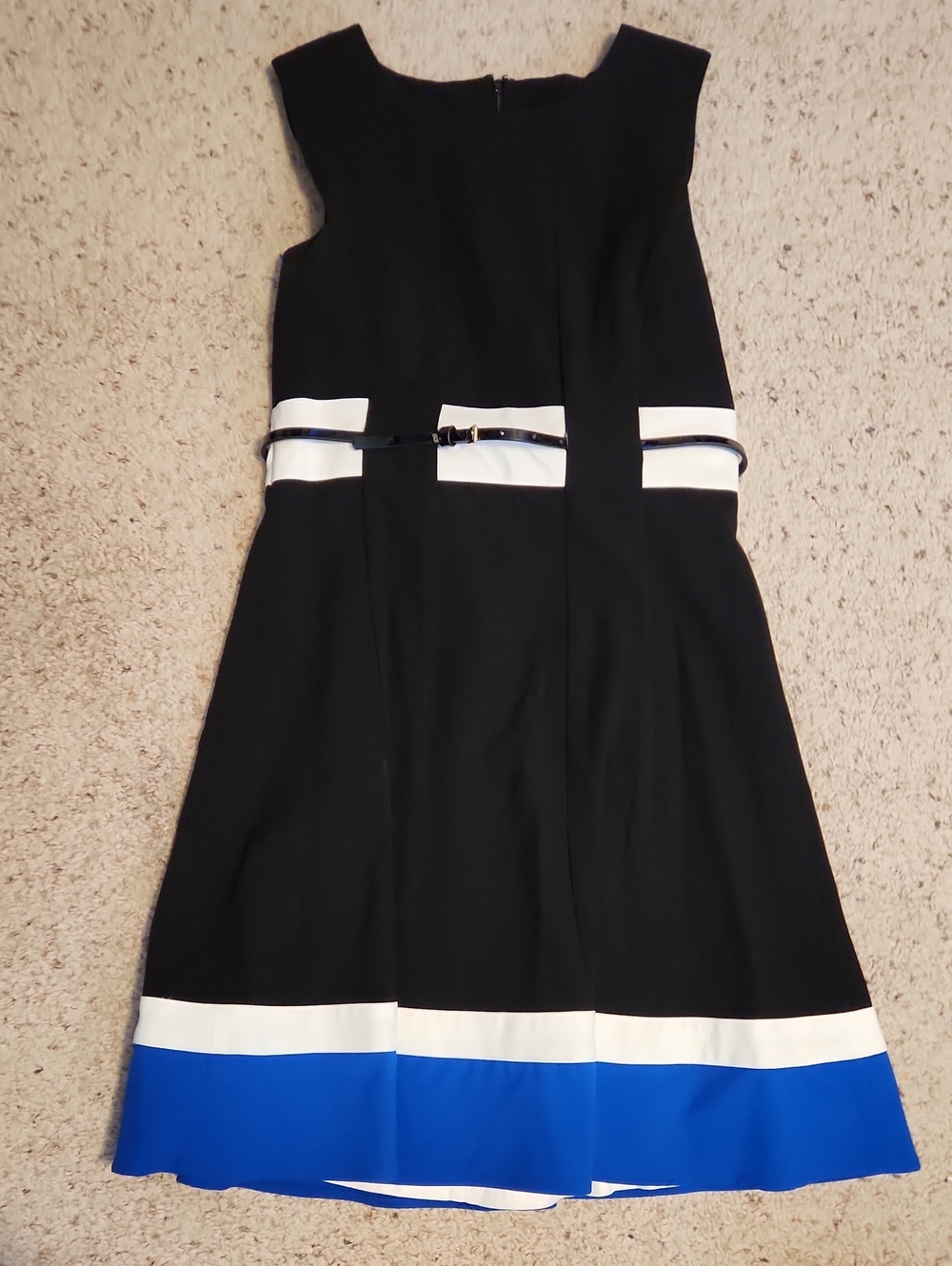 Calvin Klein Black White & Blue Sleeveless Belted Dress Sz 8